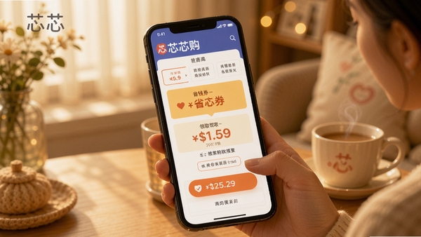 芯芯购APP搜索商品后展示优惠券领取页面,手机屏幕显示省钱金额,温馨购物氛围