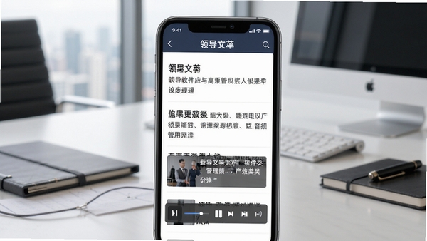 领导文萃软件应用界面展示,手机屏幕中呈现管理类文章列表与音频播放条,背景为现代办公桌,风格简洁商务