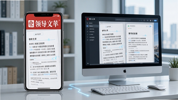 领导文萃在手机与电脑模拟器上同步使用的场景,展示多端阅读管理文章,画面科技感