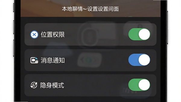 本地聊情APP隐私设置界面示意图,展示位置权限、消息通知、隐身模式等开关选项,帮助用户理解安全设置
