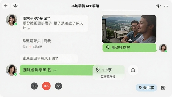 本地聊情APP群组聊天界面截图,展示多人语音通话与位置共享功能,界面简洁清晰,用户正在讨论周末活动安排