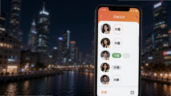 本地聊情APP同城交友界面展示,手机屏幕上显示附近用户头像列表与兴趣标签,背景为城市夜景,科技感与温暖社交氛围结合