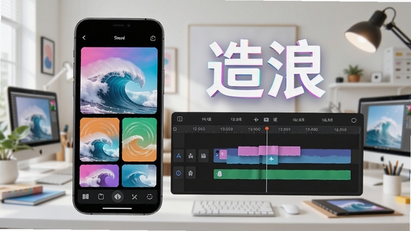 造浪app创意视频制作界面展示,手机屏幕中呈现多彩动态模板与时间线编辑轨道,背景为明亮的创作工作室风格,突出软件名称“造浪”字样