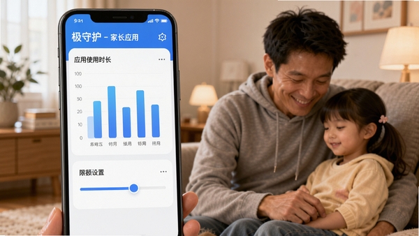 极守护-家长应用管控界面,展示应用使用时长柱状图与限额设置滑块,家长手机远程操作孩子设备,科技感与家庭关怀结合