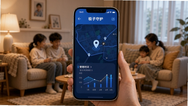 极守护-家长软件主界面展示,蓝色科技风格,手机屏幕中显示孩子设备位置地图与使用时间统计图表,背景温馨家庭场景,高清UI设计