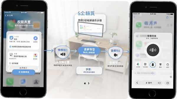 悄然声色移动端操作步骤示意图,展示从权限设置到音频导出的完整流程图,手机屏幕截图风格,步骤清晰标注