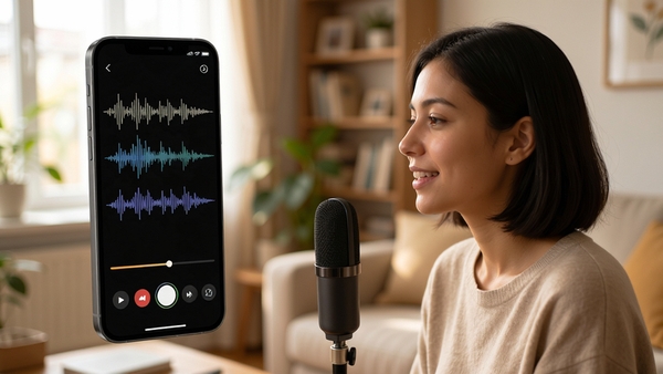 悄然声色声音克隆录制界面,用户对着手机麦克风朗读文本,界面显示声波波形与录制进度,温馨家居环境,自然光线