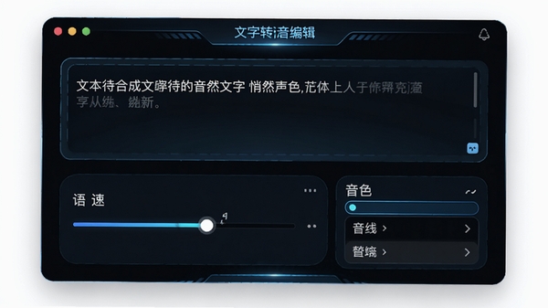 悄然声色文字转语音编辑界面,文本框内显示待合成文字,下方有语速音调滑块与音色选择列表,科技感UI设计