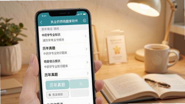 执业药师鸣题库软件界面展示,手机屏幕中呈现药考刷题页面,包含中药学专业知识题库列表和历年真题选项,背景为温馨的学习桌面环境,整体色调清新专业