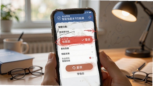 执业药师鸣题库智能错题本功能展示,手机屏幕上呈现错题归集界面,红色标注错题数量与重做按钮,学习氛围浓厚