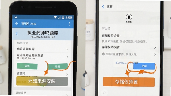 执业药师鸣题库安装步骤示意图,安卓手机屏幕展示允许未知来源安装和存储权限设置界面,标注重要操作按钮