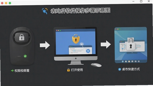 Light软件操作步骤示意图,展示从安装到打开使用的完整流程,包含权限设置和桌面快捷方式添加步骤