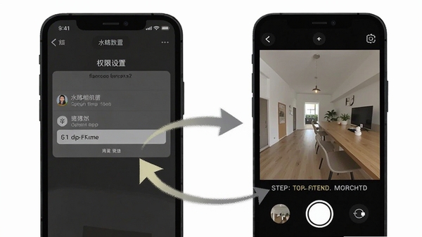 水印相机打卡照片操作教程示意图,手机屏幕显示权限设置界面和拍照界面,带有箭头标注操作步骤,简洁明了风格