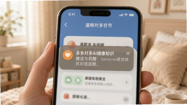 多对多AI健康知识推送与用药提醒界面,手机弹出温馨提醒通知,背景柔和