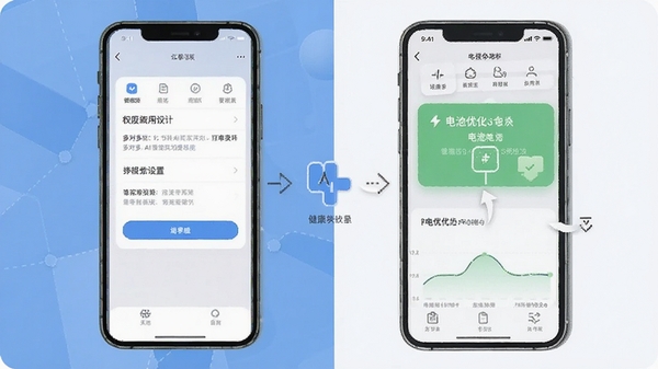 多对多AI健康移动端使用技巧示意图,手机屏幕展示权限设置和电池优化界面