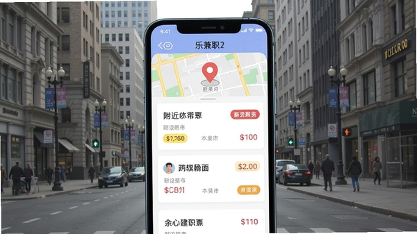 乐兼职APP界面展示,手机屏幕中显示附近兼职列表,地图定位图标,职位卡片带有薪资标签,背景为城市街景,明亮简洁的UI风格