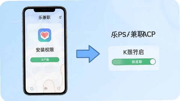 乐兼职APP安装教程示意图,手机屏幕显示安装权限开启步骤,旁边有箭头指引,背景为浅蓝色渐变