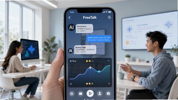 FreeTalk���ܿ�����������������չʾ���ֻ���Ļ����ʾAI�Ի������뷢���������ߣ�����Ϊ�������ִ�ѧϰ�������Ƽ����������Χ�ں�