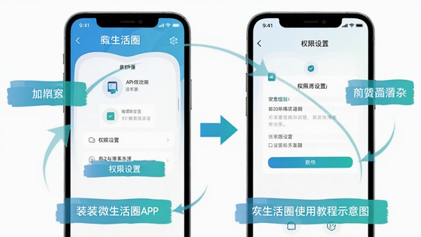 ΢����ȦAPPʹ�ý̳�ʾ��ͼ���ֻ���Ļչʾ��װ�����Ȩ�����ý��棬���м�ͷָ�������ֱ�ע������ɫ������������Ľ̷̳��