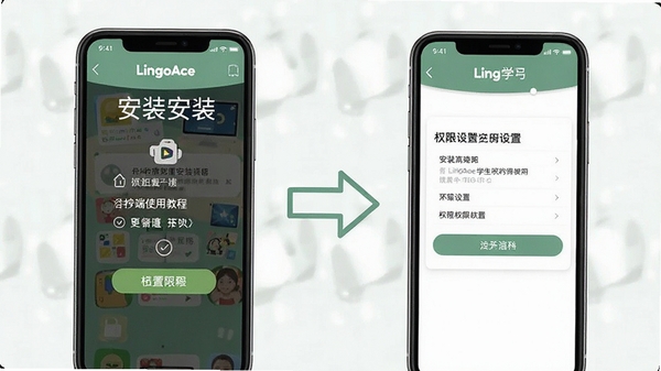 LingoAce Student�ƶ���ʹ�ý̳�ʾ��ͼ��չʾ��װ�����Ȩ�����ý��棬��������Ĳ���ָ��