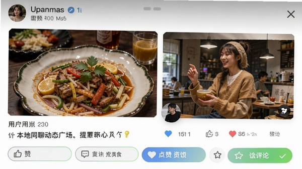 ����ͬ���Ķ�̬�㳡ҳ�棬�û�������ʳ��Ƭ���������֣��·��е������۰�ť�������Ծ����