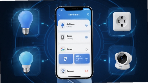 Tiny Smart���ܼҾ�APP����չʾ���ֻ���Ļ��ʾ�豸�б��ͳ���ģʽ����Χ�������ܵ��ݡ�����������ͷ���豸ͼ�꣬�Ƽ�����ɫ��������ִ����