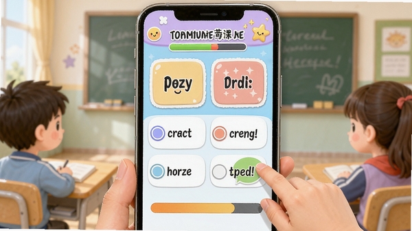 ����Ӣ��ͬ�����õ����ټǽ��棬�ֻ���Ļ����ʾ���ʿ�Ƭ���ĸ�ѡ�ѧ������ѡ����ȷ�𰸣������н������͵÷���ʾ�������ÿɰ�