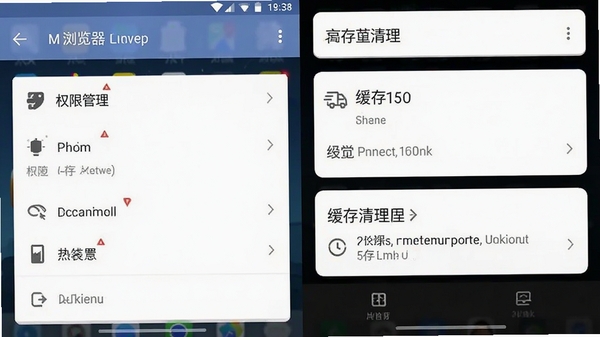 M浏览器移动端设置界面截图,展示权限管理与缓存清理选项