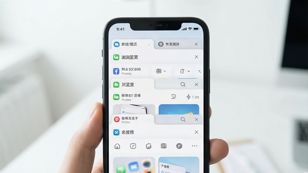 M浏览器极简界面展示,手机屏幕中打开多个标签页,背景干净清爽,突出轻快浏览体验
