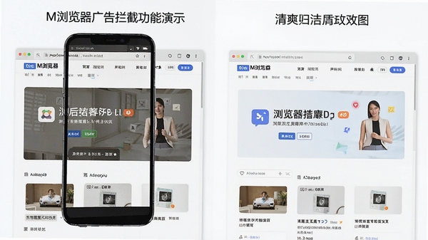 M浏览器广告拦截功能演示,网页广告被屏蔽后页面清爽对比效果图
