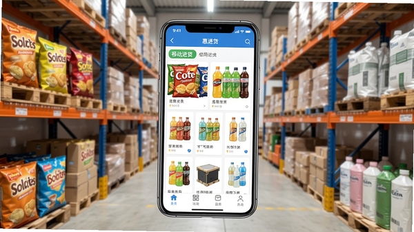 惠进货手机应用界面展示,批发商品琳琅满目,手机屏幕中呈现零食饮料和日用百货分类,背景为简洁的仓库货架,突出移动进货的便捷感