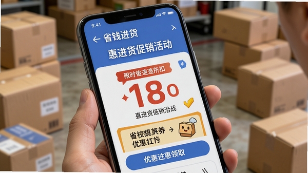 惠进货促销活动页面,显示限时折扣和优惠券领取,背景为手机屏幕特写,体现省钱进货的场景