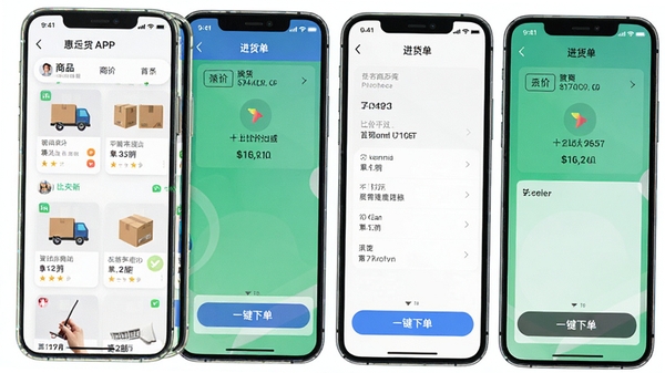 惠进货APP内商品列表与进货单界面,展示比价功能和一键下单操作,画面明亮简洁,突出手机进货的便捷高效