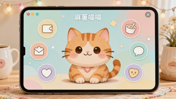 ����������������չʾ��һֻ�ɰ�����ɫè������Ļ���룬��Χ�����Ÿ���Ȥζ����ͼ�꣬���������µ�������ɫϵ��������������ܰ