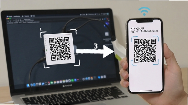 QNAP Authenticator���ֻ������ɨ��󶨵Ĳ���ʾ��ͼ��չʾ�ֻ���׼������Ļ��ά��ĳ�����������в����źͼ�ͷָʾ������������