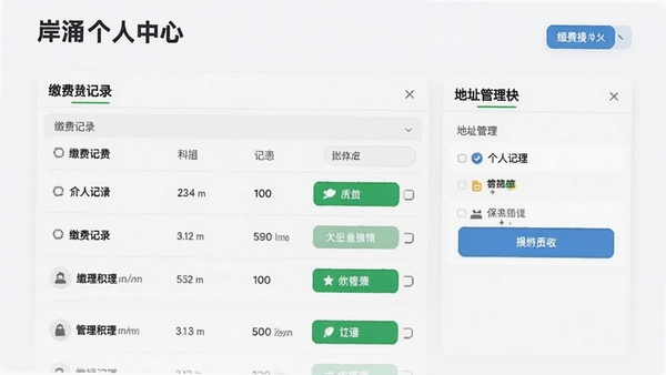��ӿ��������ҳ�棬չʾ�ɷѼ�¼�б����ַ����ģ�飬�����������࣬������ť��Ŀ