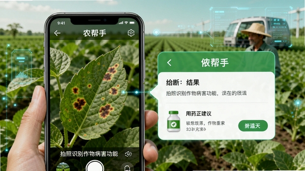 ũ����APP����ʶ�����ﲡ�����ܽ���չʾ���ֻ���Ļ����ʾһƬ���в��ߵ�ҶƬ���Աߵ�����Ͻ������ҩ���飬����Ϊ��ɫũ��Ƽ�����ũҵ�����ں�