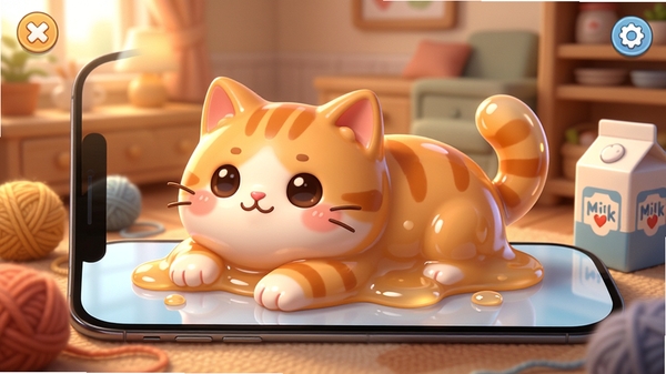液体猫游戏主界面截图,一只软萌的橘色猫咪以液体形态趴在手机屏幕上,背景是温馨的室内场景,周围散落着毛线球和牛奶盒,卡通治愈风格,高清画质