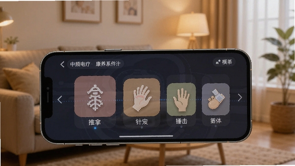 中频电疗仪康养系软件界面展示多种理疗模式选择,手机屏幕显示推拿、针灸、锤击等图标,背景温馨家居环境,科技感与康养氛围结合