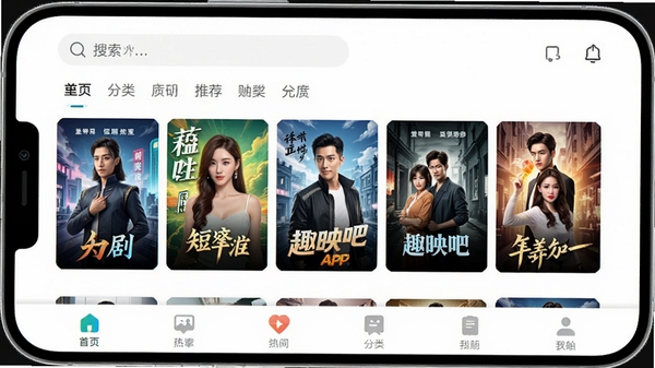 趣映吧APP界面展示,手机屏幕中呈现短剧推荐首页,画面中有多部热门短剧封面海报排列,色彩鲜艳,UI设计简洁现代,顶部有搜索栏和分类标签,底部导航栏清晰可见,整体风格明亮清新