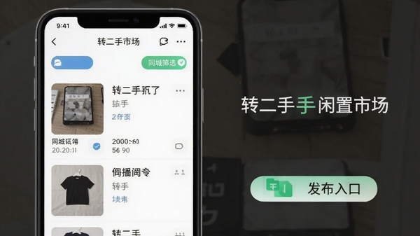 根据转二手闲置市场软件功能,生成一张手机界面展示图,画面中包含二手物品列表、同城筛选按钮和发布入口,风格简洁明亮,带有软件名称“转二手闲置市场”字样