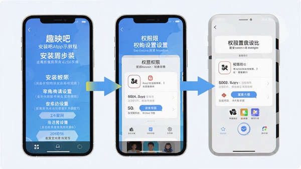 趣映吧APP使用教程示意图,手机屏幕展示安装步骤和权限设置界面,画面中有清晰的箭头指引和文字标注,背景简洁明亮,风格为扁平化设计