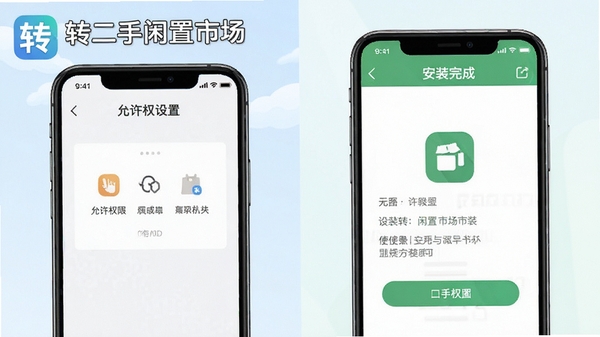 根据转二手闲置市场安装与使用场景,生成一张手机权限设置与安装界面示意图,展示允许权限与安装完成画面,风格简洁清晰,带有软件名称“转二手闲置市场”字样