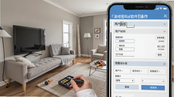 装修密码软件操作界面截图,展示用户正在录入装修材料清单和预算数据,手机屏幕清晰可见,居家装修场景背景