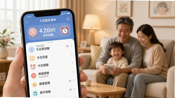 ����ǽ�������ҩ���ѹ��ܽ��棬�ֻ���Ļ��ʾ������ҩ�嵥����������ͼ�꣬������ܰ��ͥ������ͻ�������ػ�����