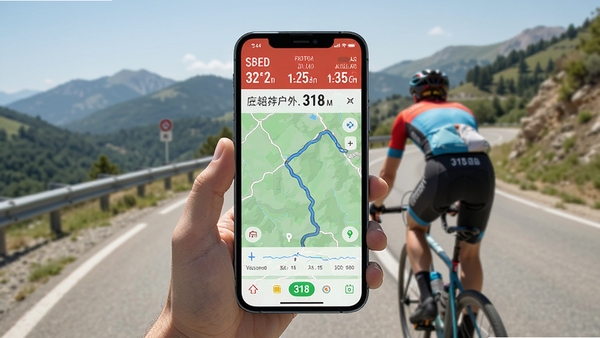 318运动app户外骑行轨迹记录界面展示,手机屏幕上显示实时速度、距离、海拔数据和地图路线,背景为山间公路骑行场景