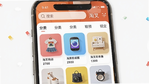 淘叉街购物软件主界面展示图,手机屏幕中呈现色彩丰富的商品瀑布流,包含服饰、数码、家居等品类图标,顶部有搜索栏和分类导航,界面清爽现代,突出品质购物氛围,软件名称淘叉街清晰可见