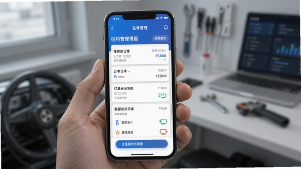 往约管理版手机应用界面展示,技师接单管理工具,简洁现代的移动端UI设计,订单列表与数据统计面板,蓝色科技感配色,专业服务行业风格