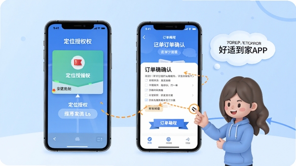 ���ʵ���APPʹ�ý̳�ʾ��ͼ���ֻ���Ļչʾ��λ��Ȩ�Ͷ���ȷ��ҳ�棬�Ա��п�ͨ������ʾ�������裬����Ϊǳ��ɫ����