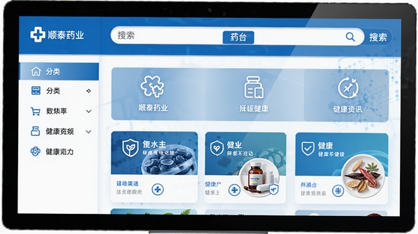 顺泰药业软件主界面展示图,包含药品搜索栏、分类导航图标、健康资讯卡片,整体风格简洁专业,主色调为蓝白色,突出医药电商平台的科技感与信赖感